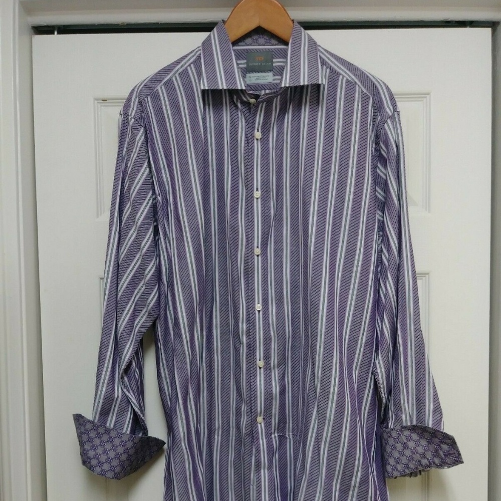Thomas Dean Flip Cuff‎ Shirt Mens XL Purple Striped